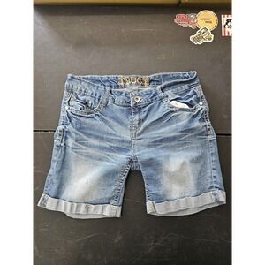 Indigo Blue Shorts Womens 13 Denim Mid Rise Stretch Cuffed Embroidered Pockets